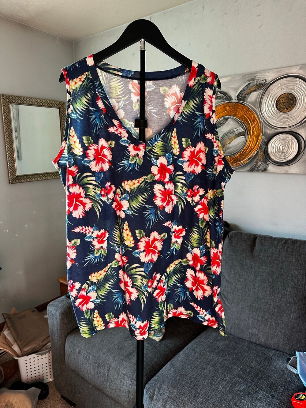 Sampeel Navy Blue Hibiscus Floral Sleeveless Shirt Plus Size 3XL